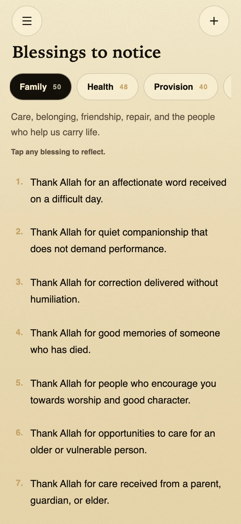 Shakirr 313 blessings screen with seven gratitude categories