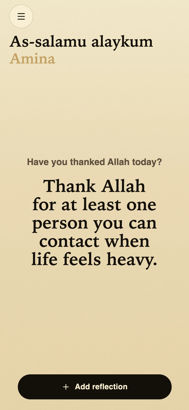 Shakirr home screen asking Have you thanked Allah today?