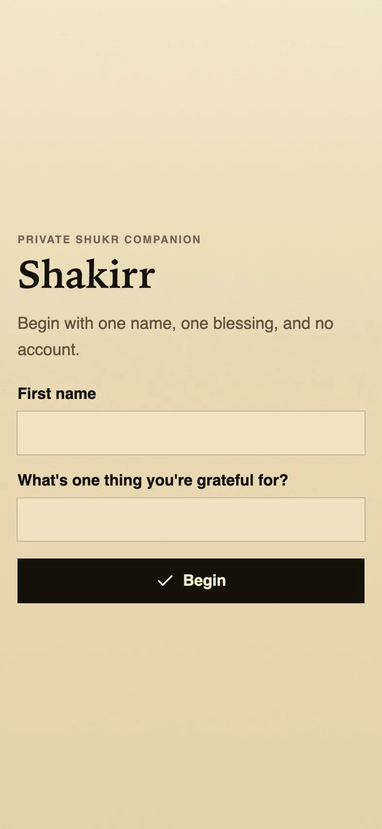 Shakirr onboarding screen for a private gratitude journal