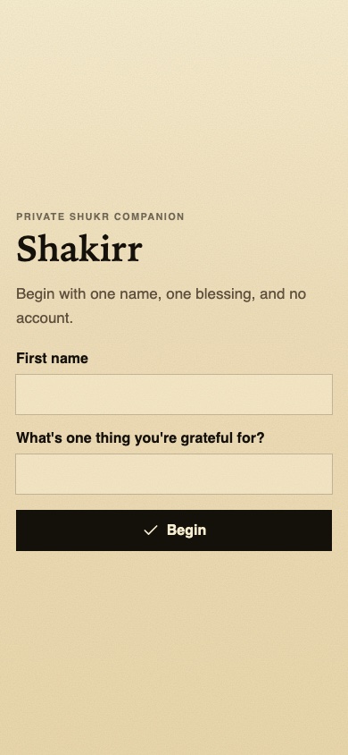 Shakirr onboarding screen showing its private no-account setup